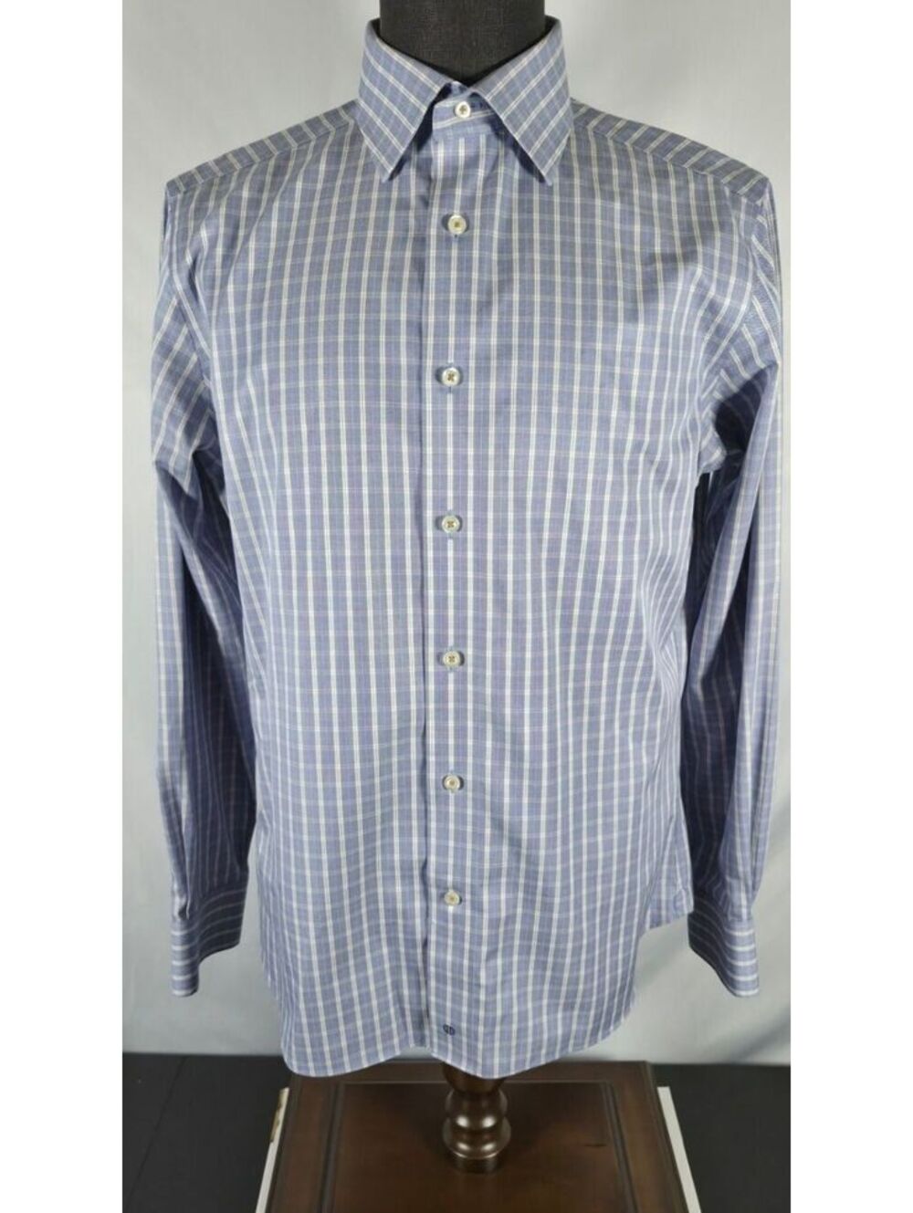 David Donahue Luxury Non-Iron Blue Plaid Dress Shirt 16 34/35 Trim Fit